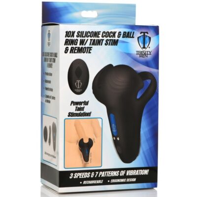 Black silicone cock and ball ring with taint stimulator and remote control by Xr Trinity Men