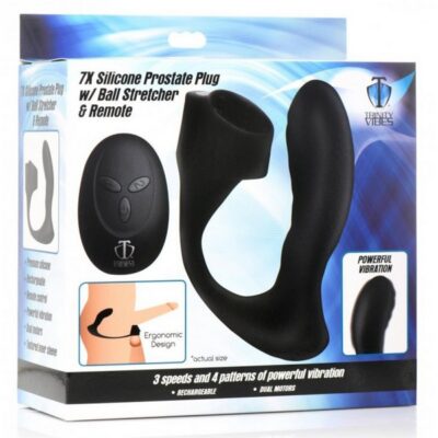 Curved black silicone prostate plug with ball stretcher and wireless remote by Xr Trinity Men