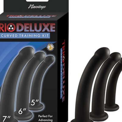 Three graduated curved silicone dildos from the Trio Deluxe Training Kit in black by Nasstoys