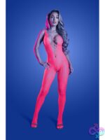grid knit bodystocking in neon pink with back cut-out by Fantasy Lingerie
