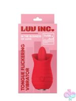 Tongue flickering vibrator in pink and red with silicone tip and USB charging cable