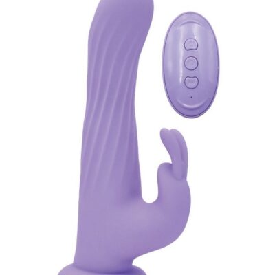 Twerking 360 wireless rabbit vibrator in purple liquid silicone with suction-cup base by Closet Collection