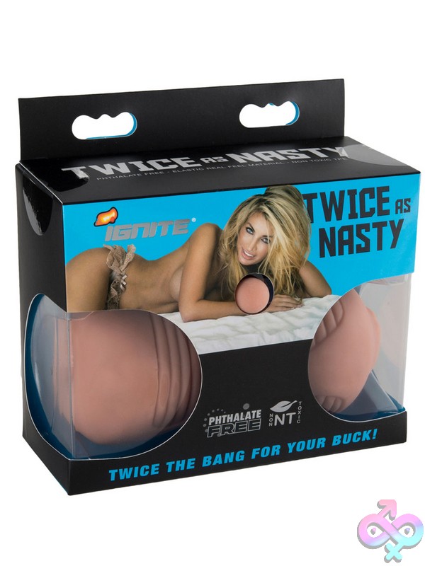 Discreet-Toys-Twice-As-Nasty-Caramel-Nu-Si-60609 Double-Sided Beige Tpe Male Masturbator With Dual Entries And Ribbed Interior By Si Novelties