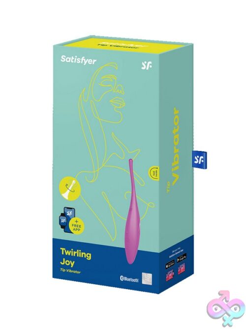 Satisfyer Twirling Joy Clitoral And Body Vibrator In Pink Purple And White On A Soft Neutral Background