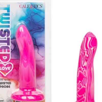 Twisted Love Twisted Probe in liquid silicone with suction cup base shown in blue and pink