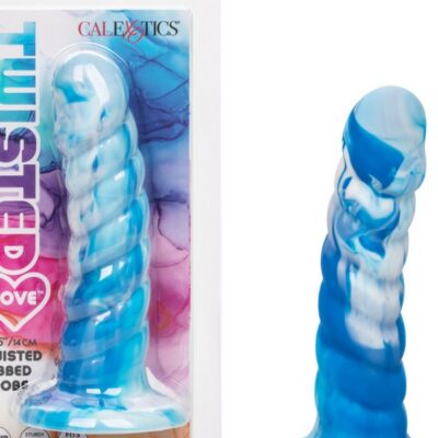 Twisted ribbed textured blue liquid silicone probe with suction cup base by California Exotic Novelties
