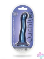 Ultra soft liquid silicone curvy 7-inch G-spot dildo with suction cup base in metallic blue and metallic purple