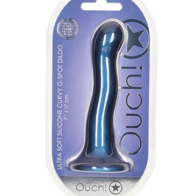 Ultra soft liquid silicone curvy 7-inch G-spot dildo with suction cup base in metallic blue and metallic purple
