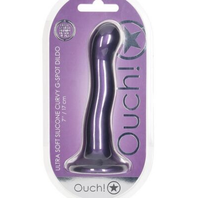 Ultra soft liquid silicone curvy 7-inch G-spot dildo with suction cup base in metallic blue and metallic purple