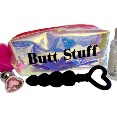 3-piece anal play gift set with silicone beads, jeweled plug, and lube in iridescent bag by Unique Touch