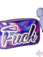 Rechargeable silicone wand massager and holographic travel bag set in blue by Unique Touch