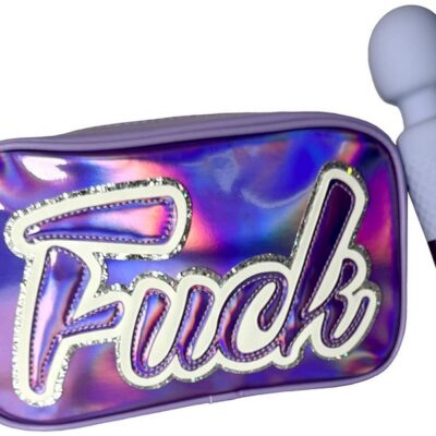 Rechargeable silicone wand massager and holographic travel bag set in blue by Unique Touch