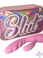 Pink dual-stimulation rabbit vibrator with holographic travel bag and microfiber storage pouch by Unique Touch