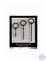 Three-piece black medical silicone urethral sounding plug set with ring-pull design by Shots Toys