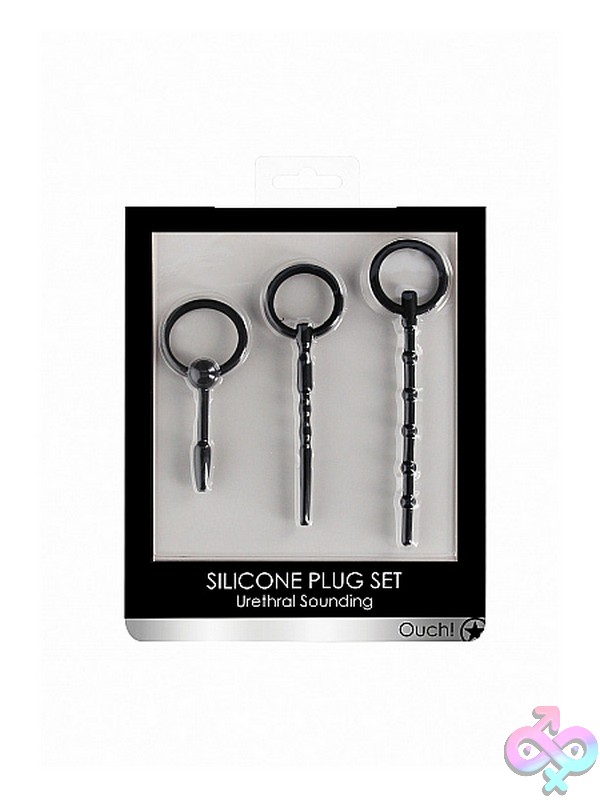 Discreet-Toys-Urethral-Sounding-Plug-Set-Black-Nu-St-Ou325Blk Three-Piece Black Medical Silicone Urethral Sounding Plug Set With Ring-Pull Design By Shots Toys