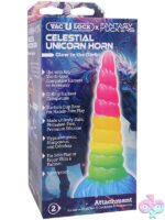 Spiraling multi-colored glow-in-the-dark unicorn horn dildo in rainbow silicone by Doc Johnson