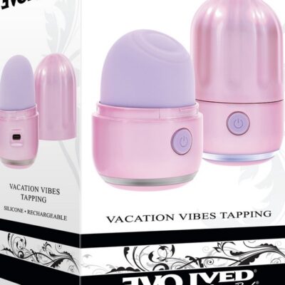 Pink pearl iridescent tapping clitoral stimulator with canister lid and color-changing base by Evolved Novelties
