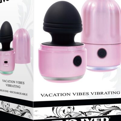 Pink pearl iridescent vibrating wand with textured canister lid by Evolved Novelties