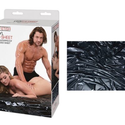 Oversized black waterproof vinyl bed sheet laid flat, 70x85 inches, by Lux Fetish