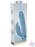Vive Pallina triple-motor rabbit vibrator in pink, blue, and purple on a soft neutral background