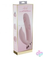 Vive Pallina triple-motor rabbit vibrator in pink, blue, and purple on a soft neutral background
