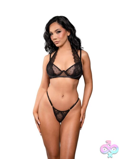 Black Swiss Dot Mesh And Lace Bra And Open Panty Set In M/L By Fantasy Lingerie