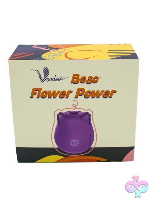 Voodoo Beso Flower Power Couples Vibrator Shown In Purple And Red On A Neutral Background