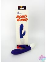 Purple rabbit-style dual stimulation vibrator with white handle by Voodoo Toys