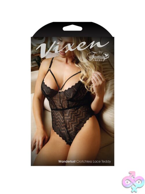 Black Chevron Lace Teddy Lingerie Laid Flat Showing Pattern Detail And Cheeky Cut