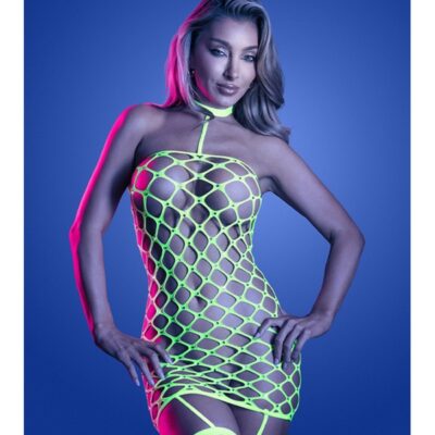 queen size gartered dress neon green rhinestone fishnet by Fantasy Lingerie