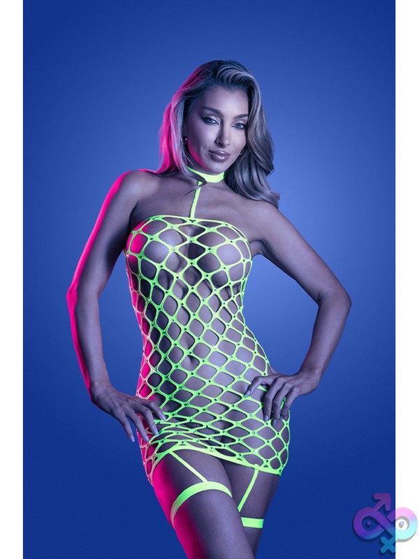 Discreet-Toys-Warning-Sign-Gartered-Dress-Queen-Size-Nu-Gl2660-Qs-B Queen Size Gartered Dress Neon Green Rhinestone Fishnet By Fantasy Lingerie