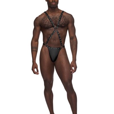 Black leather-look crisscross harness thong with decorative studs and ring details by Male Power