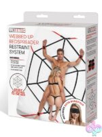 Webbed Up Bedspreader full bed restraint system with red and black adjustable cuffs and satin blindfold by Lux Fetish