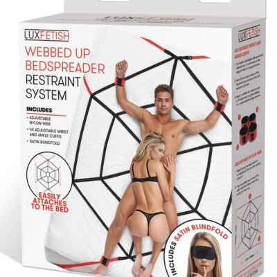 Webbed Up Bedspreader full bed restraint system with red and black adjustable cuffs and satin blindfold by Lux Fetish