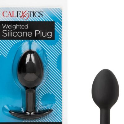 Large black weighted silicone anal plug with easy-pull handle by California Exotic Novelties