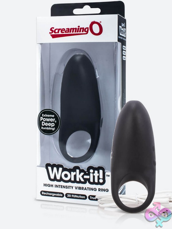 Discreet-Toys-Work-It-Black-1-Ct-Nu-So-Awi-Bl-E Angled Rechargeable Vibrating Couples Ring In Black Silicone By Screaming O