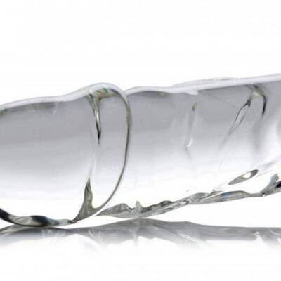 Brutus Glass Dildo Thruster in clear by XR Brands — ribbed shaft with grooved handle