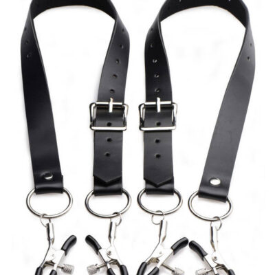 Spread Labia Spreader Straps With Clamps by XR Brands in black — adjustable bondage restraint set