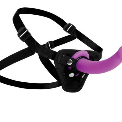 Navigator Silicone G Spot Dildo With Harness in purple by XR Brands — curved G-spot shaft and adjustable strap-on harness