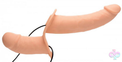 XR Brands Strap U Sex Toys - Power Pegger Silicone Vibrating Double Dildo With  Harness - Flesh