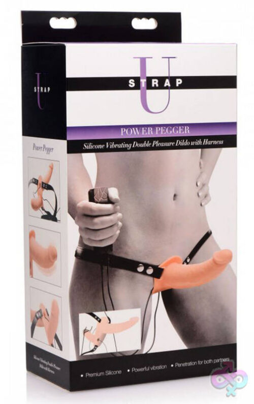 XR Brands Strap U Sex Toys - Power Pegger Silicone Vibrating Double Dildo With  Harness - Flesh