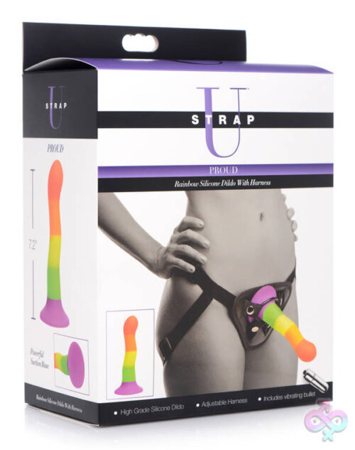 XR Brands Strap U Sex Toys - Proud Rainbow Silicone Dildo With Harness