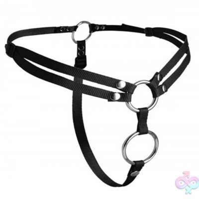 Unity Double Penetration Strap on Harness by XR Brands in black with dual O-rings