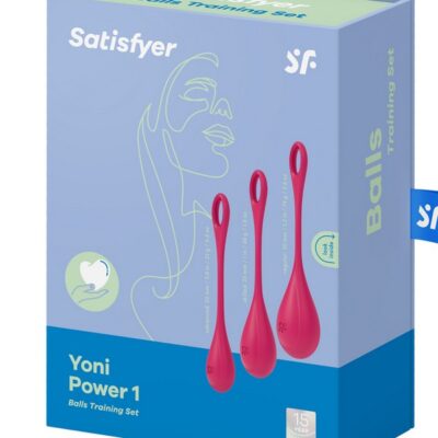 Yoni Power 1 three-piece ben wa ball pelvic floor trainer set in pink on a white background