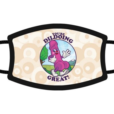 Beige adult novelty face mask with pink humorous graphic by Wood Rocket
