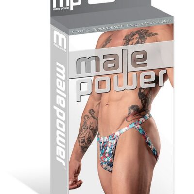 Male Power Your Lace Or Mine geometric lace jockstrap with contoured pouch and open back design