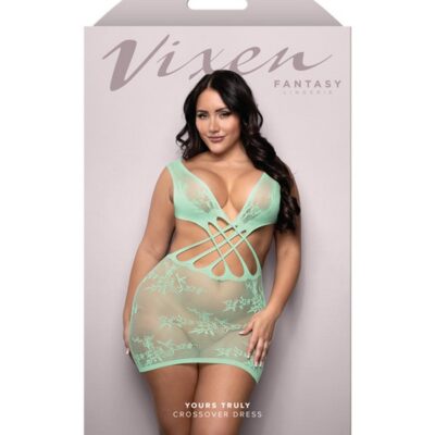 Strappy floral crossover mini dress in seaglass green, queen size, by Fantasy Lingerie