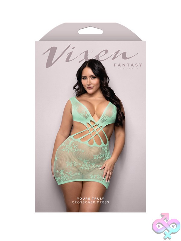Discreet-Toys-Yours-Truly-Crossover-Dress-Queen-Size-Nu-V816-Qs-B Strappy Floral Crossover Mini Dress In Seaglass Green, Queen Size, By Fantasy Lingerie