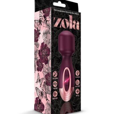 Purple rechargeable silicone mini wand massager by Happy Ending with flexible tip and USB charging cable