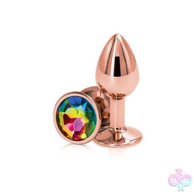 Rear Assets Rose Gold Small Rainbow gem anal plug by nsnovelties — teardrop aluminum with jeweled base